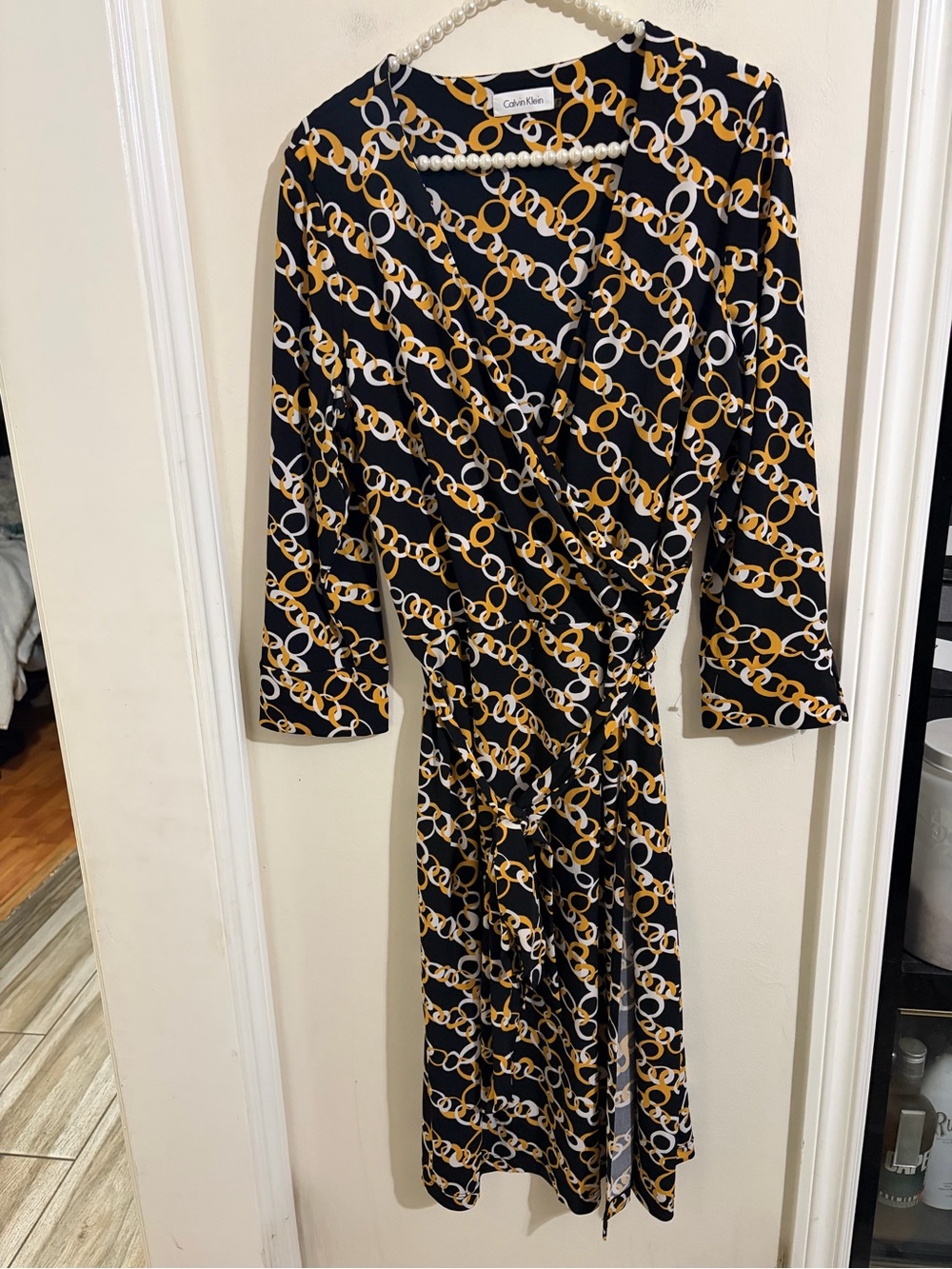 Calvin Klein Black Chain-Print Wrap Dress with Gold & White Links
